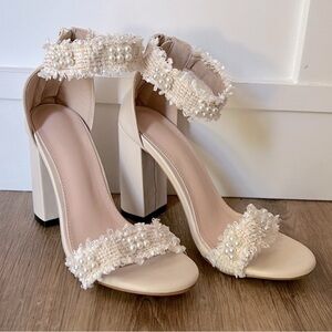 Cream Chunky Heeled Sandals with Frayed Details